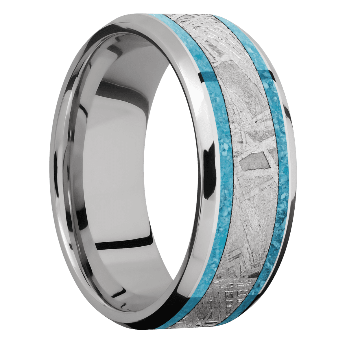8 mm wide/Beveled/Cobalt Chrome band featuring inlays of Mosaic and Meteorite.